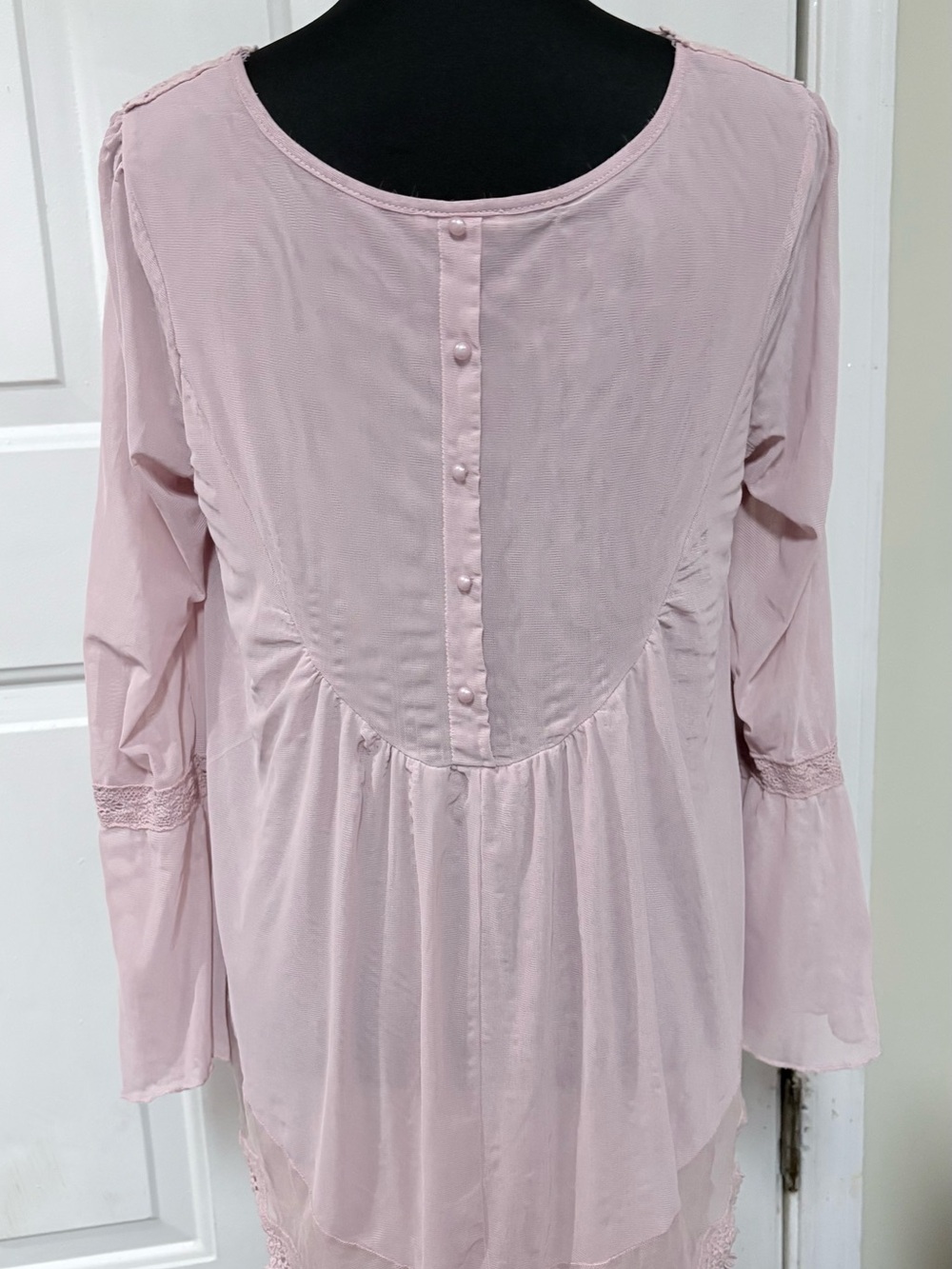 Ultra Pink Lace Yoke Sheer Flutter Blouse - Soft Pink - Picture 2 of 11